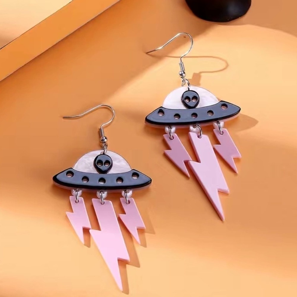 Alien Spaceship Lightning Earrings UFO Dangle Novelty Acrylic
